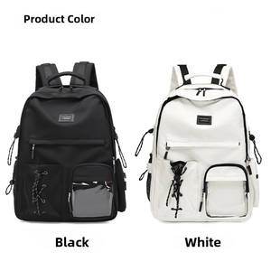 Dual view of black and white nylon backpacks showing multi-pockets and drawstring mesh detail