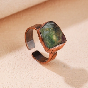 Anello Aperto Regolabile Vintage Fluorite Verde Naturale Pietra Grezza Rame Fatto A Mano Trama Martellata Gioielli Boho