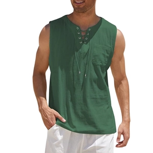 Detail of forest green cotton linen vest with V-neck lace-up design and chest pocket