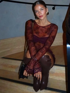 Sexy wine red lace long sleeve mini dress with backless design and floral crochet texture
