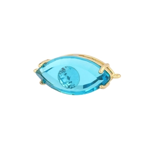 Close-up of a gold-plated evil eye charm with blue faceted stone and zircon accents