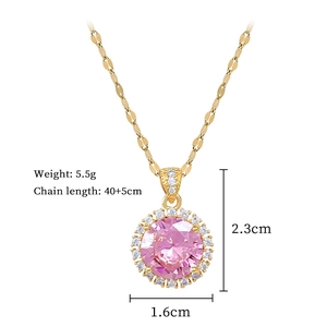 Detail view of pink zircon pendant necklace with dimension labels and chain specifications