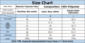 Size chart for women's denim sleeveless top with detailed measurements and material info