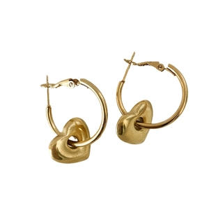 Polished gold 3D heart-shaped hoop earrings in minimalist stainless steel for women
