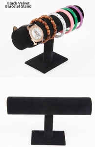 Three-tier black velvet T-bar jewelry display stand for watches and bracelets