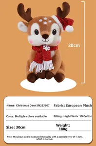 Detail of Christmas reindeer plush toy showing red sequin scarf and dimensions