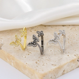 Minimalist copper butterfly open rings in gold, silver, and black with shiny rhinestones