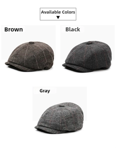 Three color variants of octagonal caps in brown, black, and grey herringbone tweed
