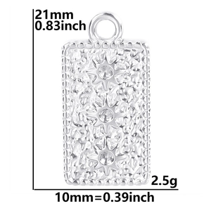 Detail showing dimensions of rectangular stainless steel pendant with star engravings