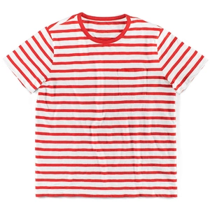 Detail of red and white striped t-shirt featuring a chest pocket and soft cotton texture