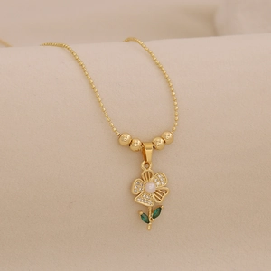 Elegant 18K gold plated sunflower pendant necklace with green leaf gems and bead chain
