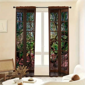 Detail of 3D forest sunset print curtain with vintage wood window frame pattern
