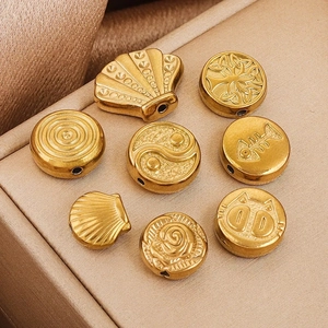 Golden stainless steel large hole beads with sun and cat patterns for DIY jewelry making