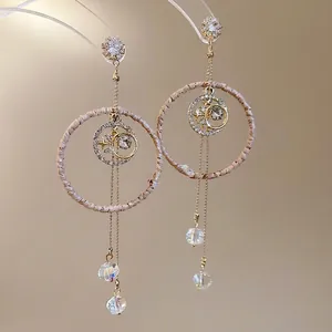 Silver needle zircon circle earrings with crystal tassels and moon star moon ornaments