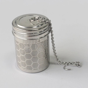 Close-up of 304 stainless steel tea infuser mesh with chain and SUS304 stamp
