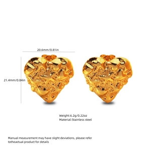 Detailed view of gold heart earrings with lava texture, dimensions 20.6mm by 21.4mm