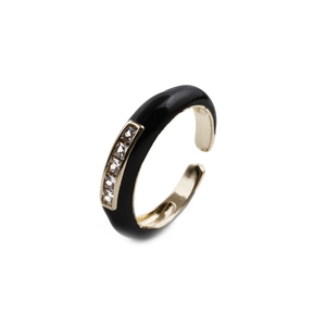 Adjustable gold plated open ring with black enamel and sparkling zircon row inlay