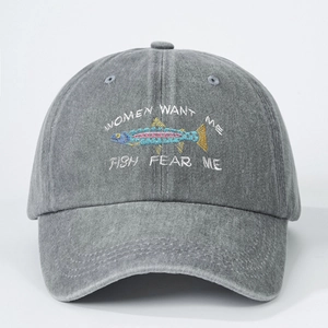 Detailed embroidery of WOMEN WANT ME FISH FEAR ME text and fish on washed grey cotton cap