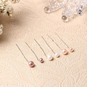 Three pairs of S925 silver threader earrings with white, pink, and orange natural pearls