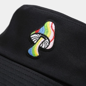 Classic black cotton bucket hat featuring vibrant multi-color mushroom embroidery details