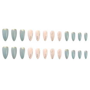 Set of 24 almond press-on nails with blue-gold gradient and delicate floral patterns