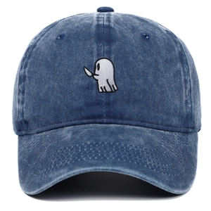 Vintage washed navy blue baseball cap featuring a ghost with dagger embroidery