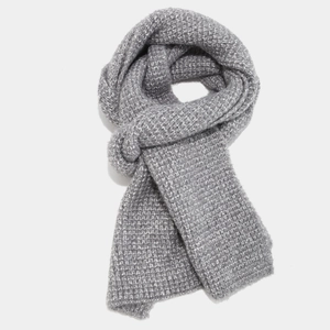 Detailed close-up of dark grey knitted scarf showing thick waffle weave texture