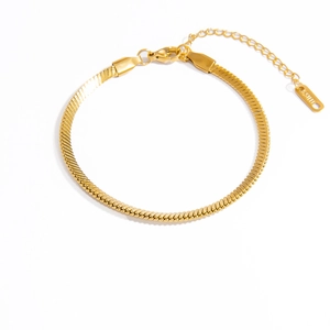 Detailed macro of 18K gold plated stainless steel snake chain bracelet with lobster clasp
