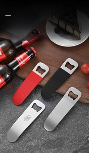 Detail of red and black PVC coated stainless steel bottle openers with SUS 304 stamp