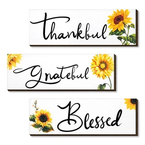 Set of 3 rustic farmhouse wooden sunflower wall signs featuring thankful grateful blessed