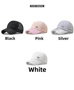 Detailed grid of sequin lace mesh baseball caps in black, pink, silver, and white colors