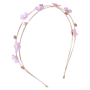 Elegant gold double-layer headband with pink flowers, pearls and sparkling rhinestones