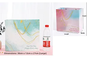 Large gradient pink marble gift bag 30x12x27cm with gold lines and woven handles