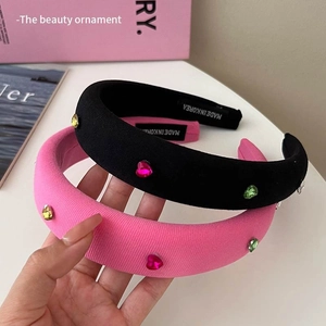 Pink and black padded sponge headbands with colorful heart rhinestones and crystals