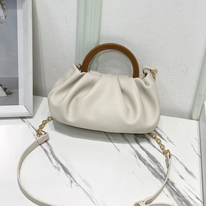 Chic beige pleated cloud handbag with wooden handle and gold chain shoulder strap