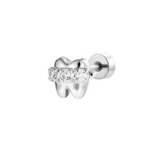 Cute silver tooth shaped cartilage stud earring with three sparkling zircons in a row