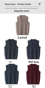 Flachgelegte Herren-Strickwesten mit V-Ausschnitt in den Farben Camel, Grün, Grau und Blau