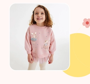 Detail of pink long-sleeve sweatshirt for girls with cute ballerina mice and tulle hem