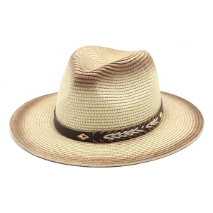 Close-up of straw fedora with brown gradient edges and decorative leather band details
