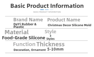 Specifications table for Christmas silicone molds showing 5-10mm thickness and 3 styles