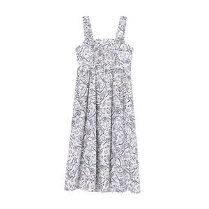 Floral A-line midi dress with blue sea creature print and ruffled straps on white fabric