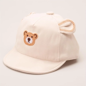 Infant cotton baseball cap with cartoon bear embroidery and 3D ears in cream color