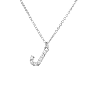 Close-up of silver-tone letter J pendant necklace with small white pearl inlays
