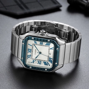 Classic silver stainless steel square watch with blue bezel and roman numerals dial