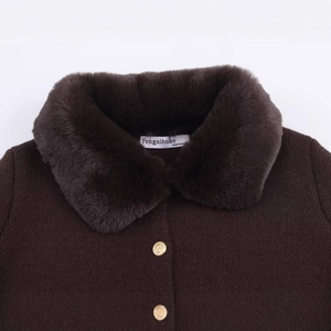 Brown knit sweater jacket with plush faux fur collar and gold embossed buttons