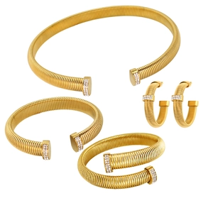 Elegant gold zircon jewelry set with choker, bracelets, and earrings in twisted design