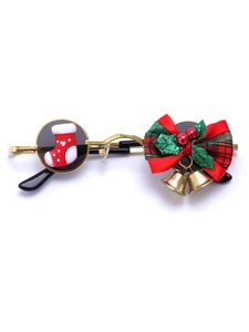 Detail of Christmas themed sunglasses with red stockings and gold metal frame decor