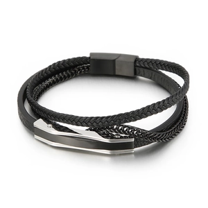 Men's multilayer black leather bracelet with braided cord and stainless steel magnetic clasp