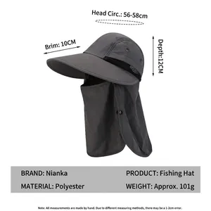 Grey outdoor sun protection bucket hat with neck flap and face cover dimensions