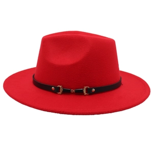 Vibrant red wool jazz fedora hat with wide brim and black leather belt with gold buckle